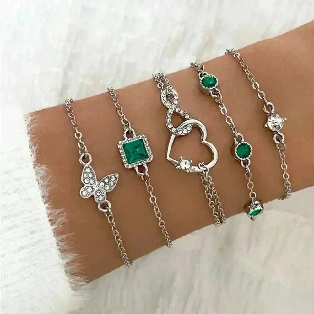 ⚠️Clearance 5pcs Silver And Green Bracelet Set - Picture 1 of 6